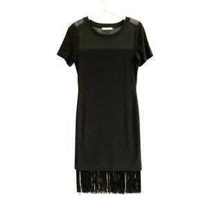 Oasis black short sleeve midi fringe hem dress, size S